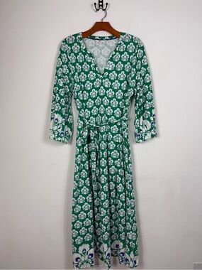 Boden Green Floral Wrap V Neck Midi Dress Sz 12 L